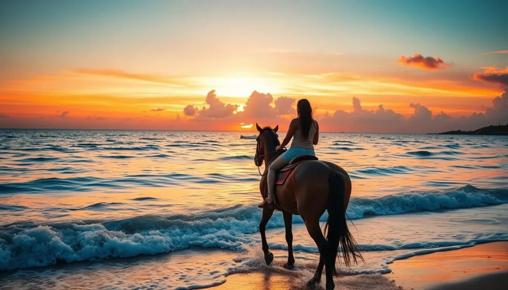 An image of a person riding a horse along Negril's beach at sunset.