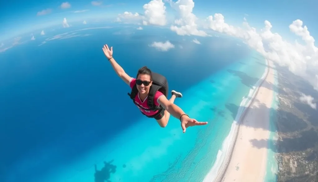 An image of a person skydiving over Aruba's coastline