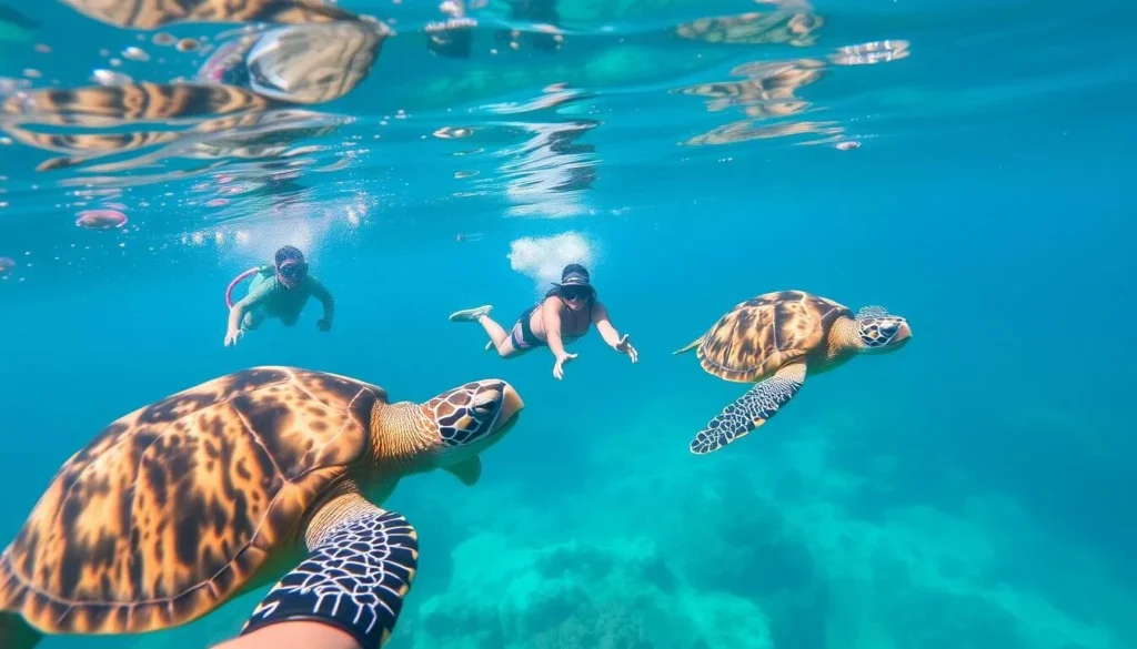 An image of a person snorkeling with sea turtles at Playa Grandi