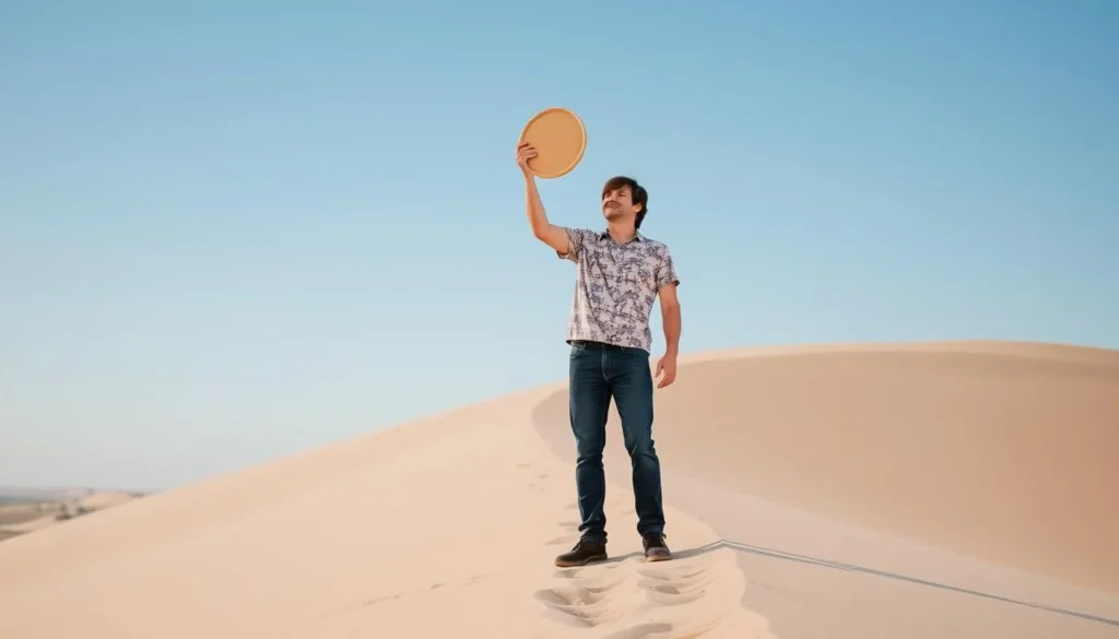 An image of a person standing on a sand dune in Monahans Sandhills State Park, with a sand disk in hand.