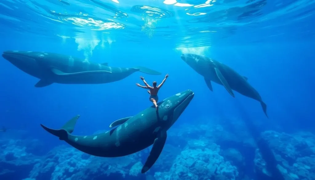 An image of a person swimming with humpback whales in the Sunshine Coast waters.