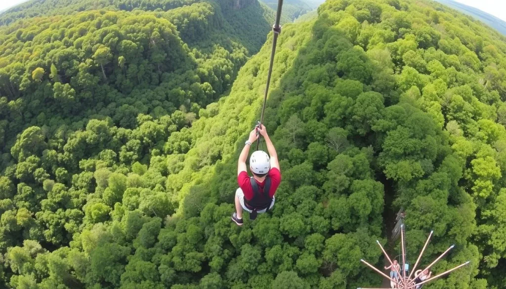 An image of a person ziplining over the Red River Gorge with a bird's-eye view of the forest.