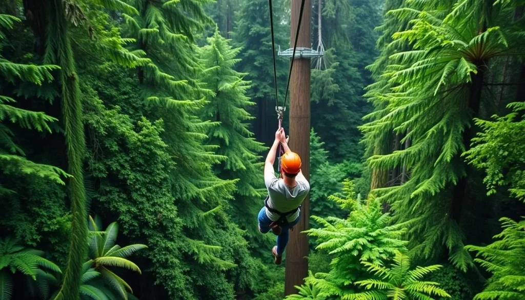 An image of a person ziplining through the Tongass Rainforest canopy.