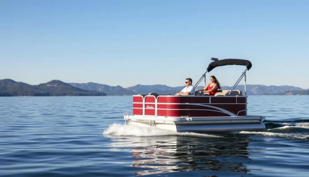 An image of a pontoon boat on Big Bear Lake with people enjoying a leisurely cruise.