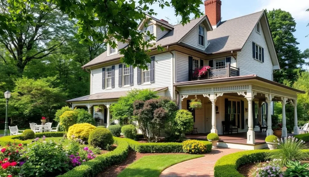 An image of a quaint historic inn in Connecticut, with a beautifully manicured garden and a welcoming porch.
