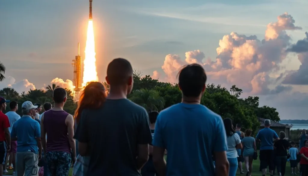 An image of a rocket launch at Cape Canaveral, with spectators watching from a nearby park.