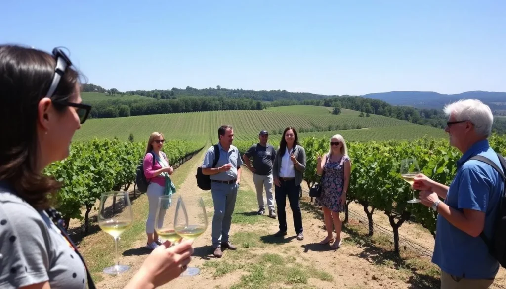 An image of a scenic vineyard in Côte de Nuits with a tour group tasting wine
