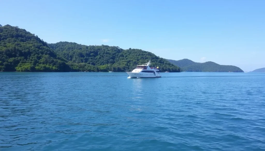 An image of a serene Muri Lagoon with a cruise boat