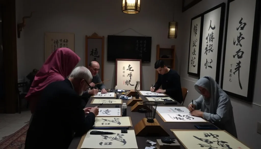 An image of a serene calligraphy workshop with skilled local artists guiding visitors.