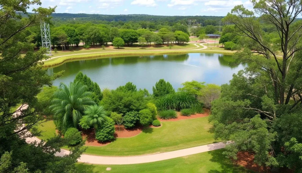 An image of a serene lake within Leita Thompson Memorial Park, surrounded by walking trails and lush greenery.