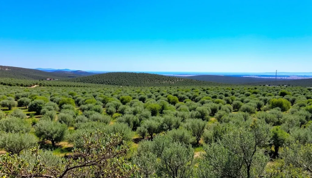 An image of a serene olive grove in Kalamata, Greece, with olive trees stretching as far as the eye can see.