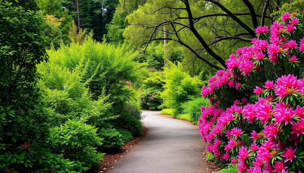 An image of a serene pathway in Emu Valley Rhododendron Garden, surrounded by vibrant rhododendrons and lush greenery.