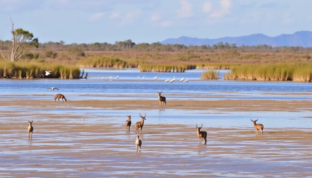 An image of a serene wetland with diverse wildlife, including birds and deer, in the Blackwater National Wildlife Refuge.