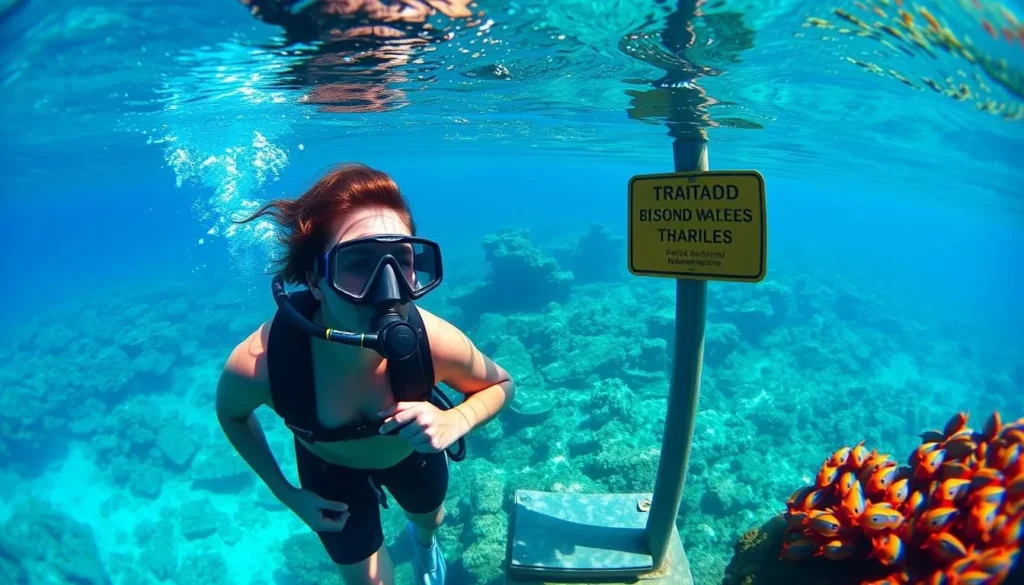 An image of a snorkeler observing marine life at one of the marked stations on the underwater trail.
