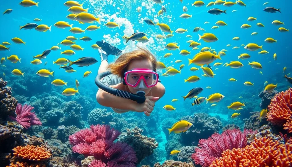 An image of a snorkeler surrounded by vibrant coral and tropical fish at the Great Barrier Reef