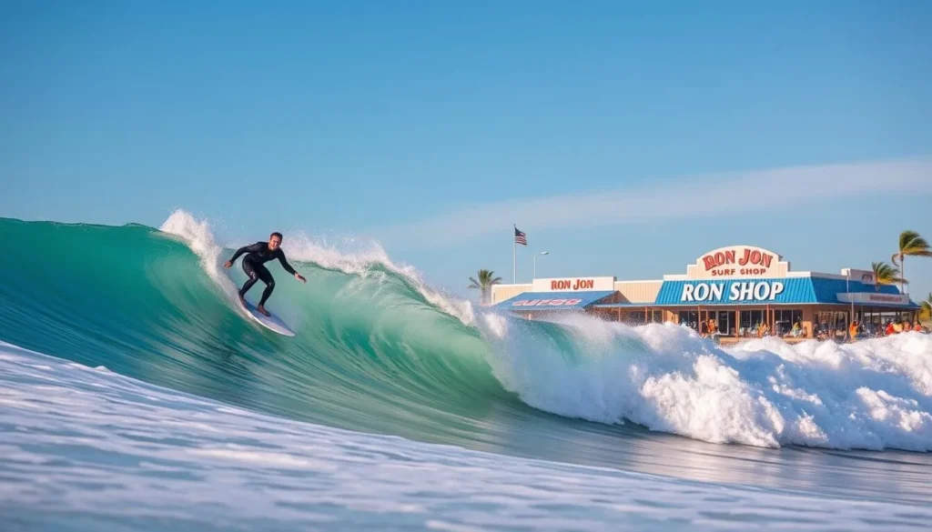An image of a surfer riding a wave in Cocoa Beach with Ron Jon Surf Shop in the background.