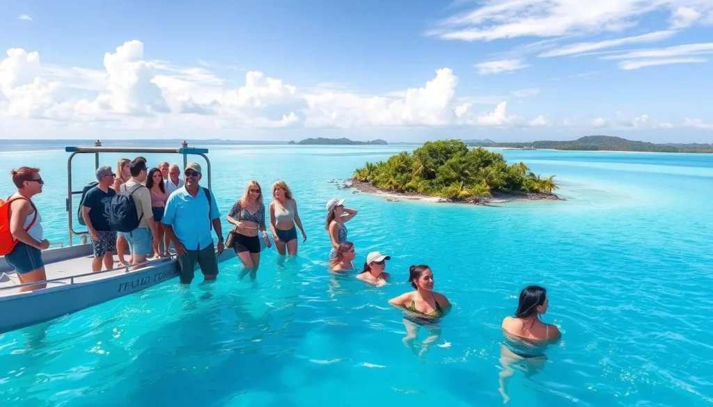 An image of a tour group visiting the Blue Lagoon and Hideaway Island