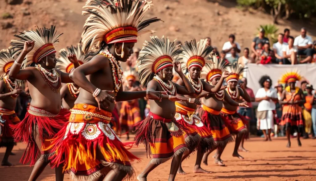 An image of a traditional Aboriginal dance performance in Arnhem Land