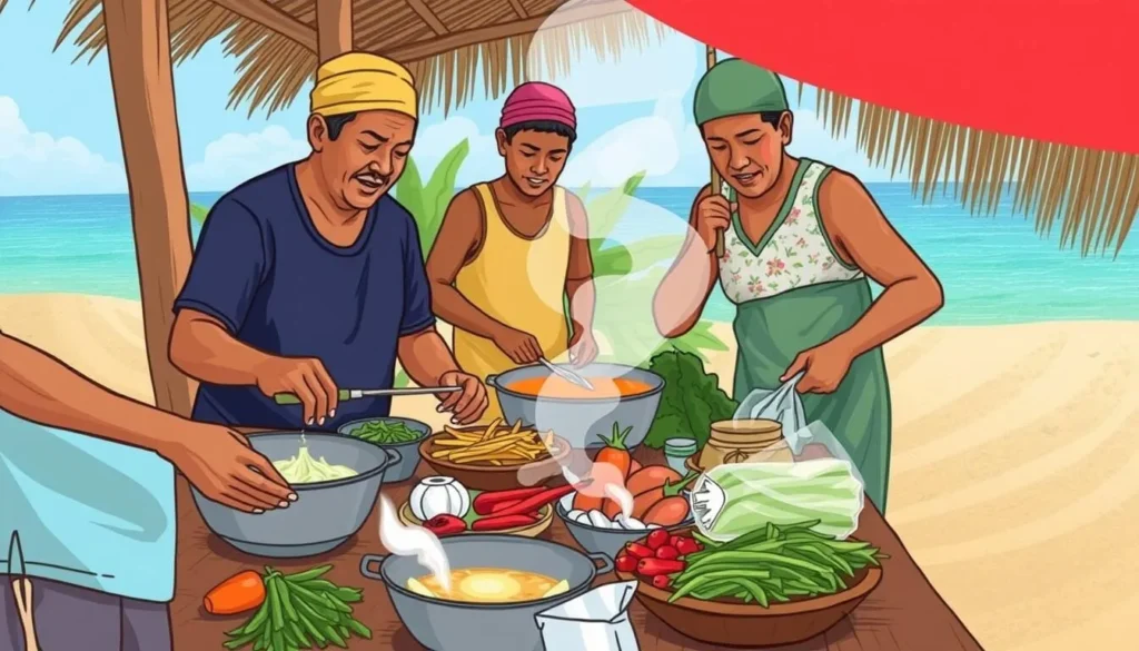 An image of a traditional Cocos Malay lunch being prepared by locals on Home Island.