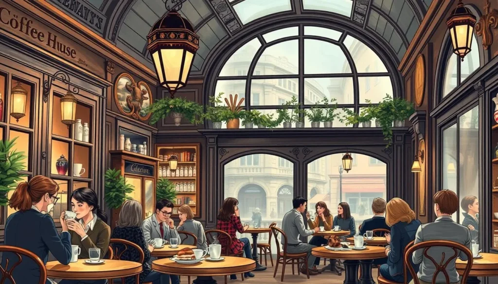An image of a traditional Viennese coffee house with elegant decor and people enjoying coffee and pastries. An image of a traditional Viennese coffee house with elegant decor and people enjoying coffee and pastries.