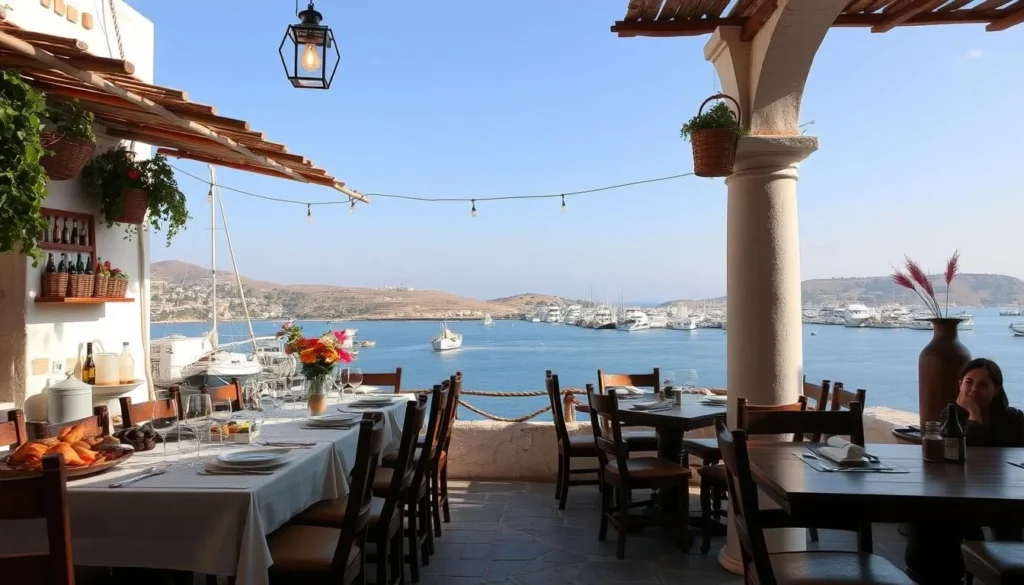 An image of a traditional taverna in Naxos Town, serving authentic Greek cuisine with panoramic views of the harbor.