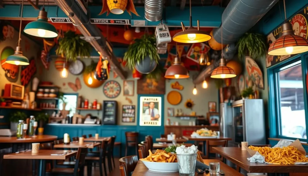 An image of a vibrant, colorful restaurant with a lively atmosphere, serving Southern and Caribbean comfort food.