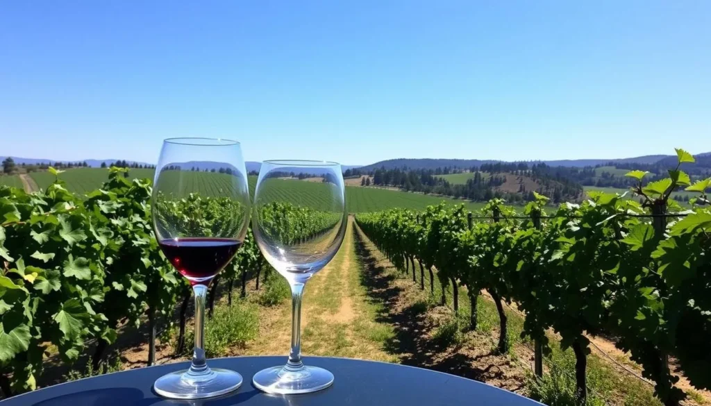 An image of a vineyard in Napa Valley with wine glasses