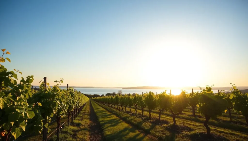 An image of a vineyard in the Finger Lakes Region with a lake in the background.