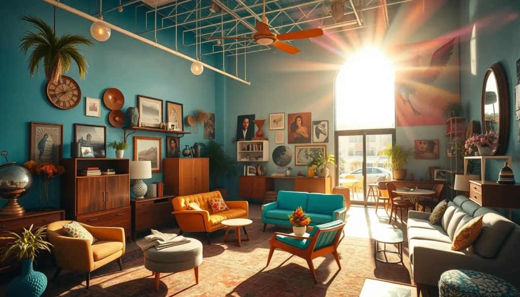 An image of a vintage shop in Palm Springs with mid-century modern furniture and decor.