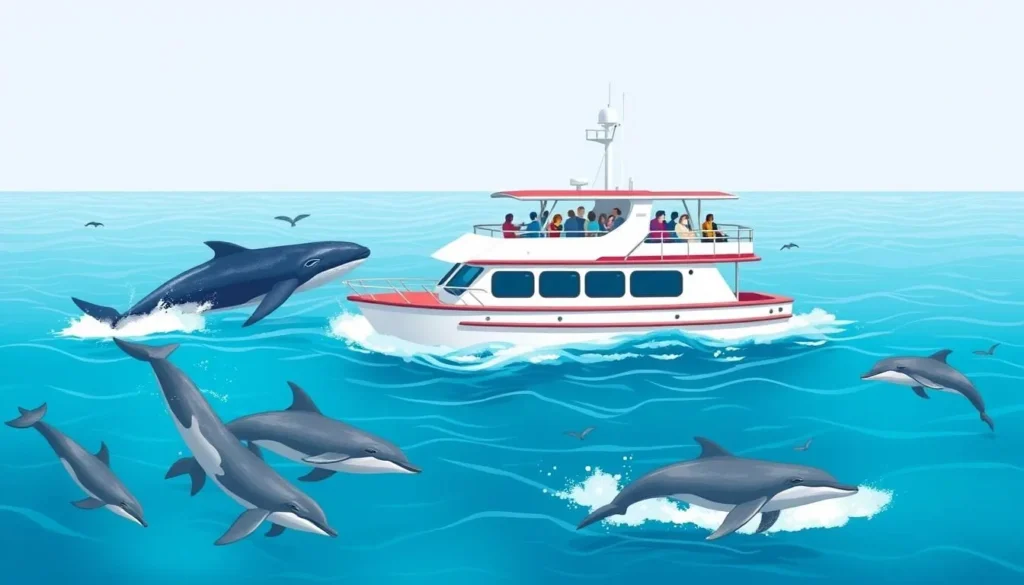 An image of a whale watching tour boat in Redondo Beach with whales or dolphins in the water.