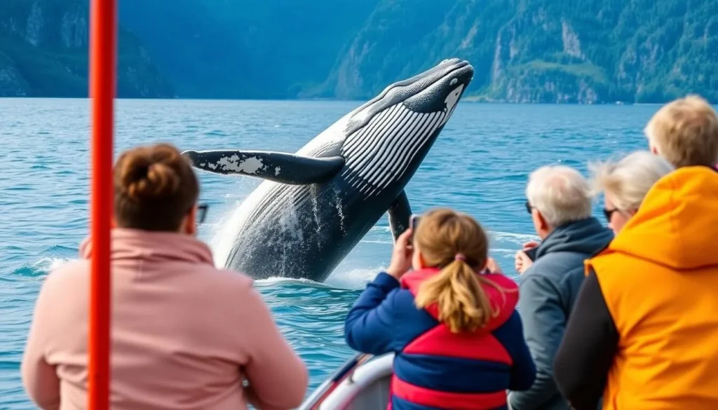 An image of a whale watching tour in Juneau, Alaska, with a humpback whale breaching in the background.