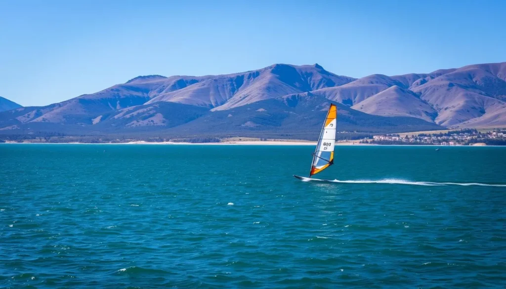 An image of a windsurfer gliding across the calm waters of Lac Bay