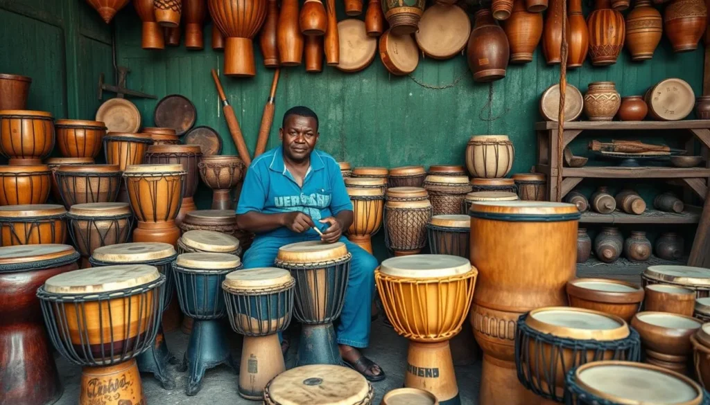 An image of artisans crafting wooden drums in Mpambire, with various shapes and sizes on display.