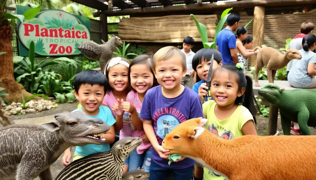 An image of children interacting with animals at Plantasia Tropical Zoo