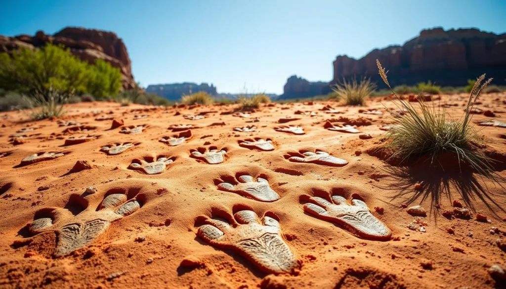 An image of dinosaur footprints at the St. George Dinosaur Discovery Site
