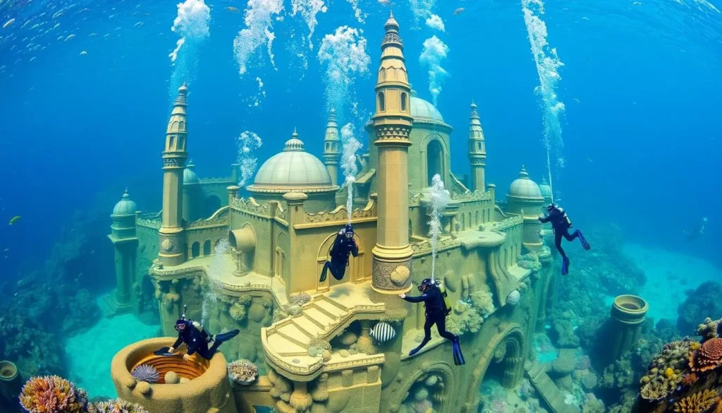 An image of divers exploring the underwater city at Deep Dive Dubai