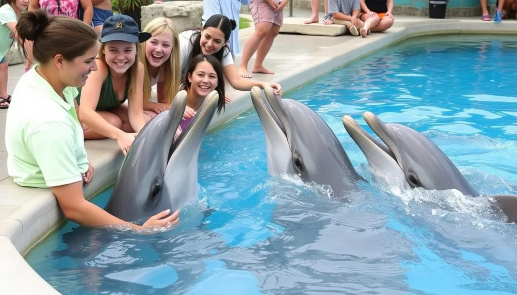 An image of dolphins interacting with visitors at Island Dolphin Care.