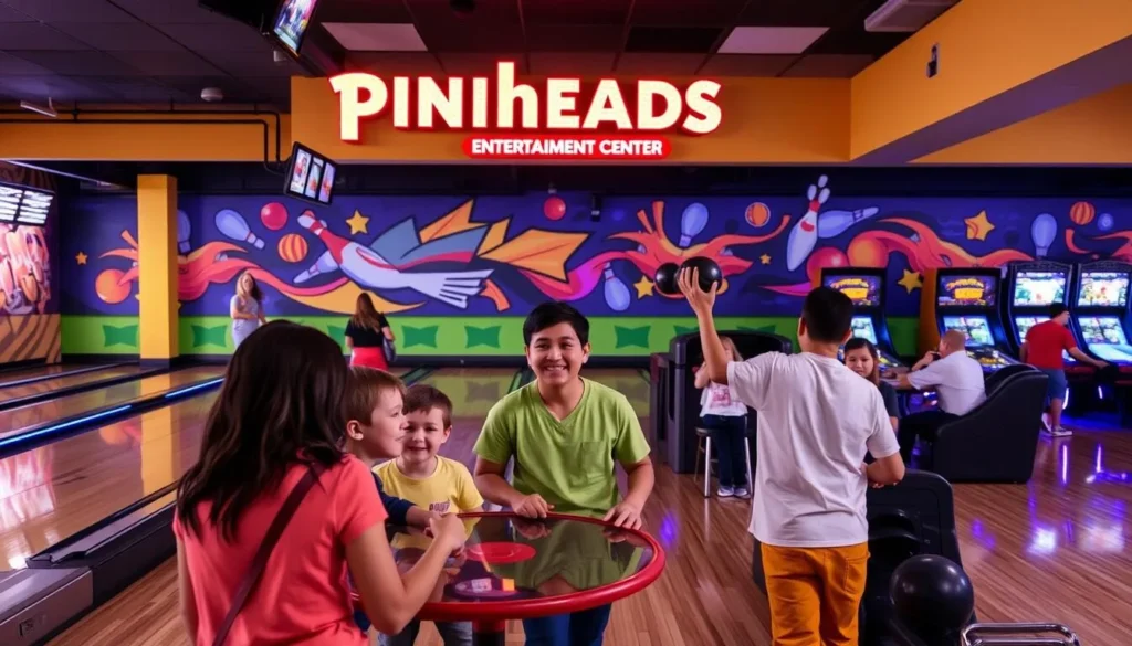 An image of families enjoying bowling and arcade games at Pinheads Entertainment Center in Fishers, Indiana.