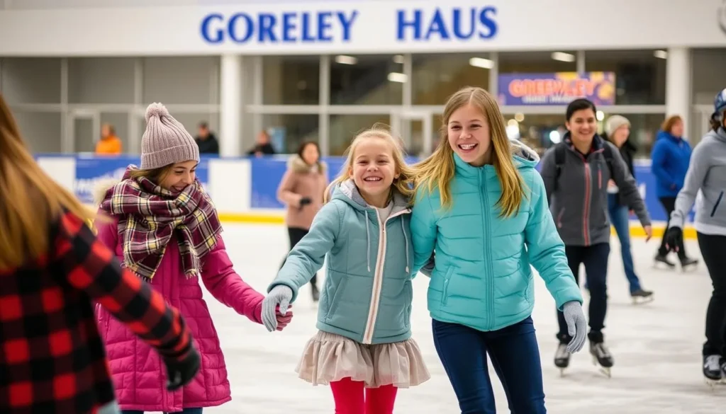 An image of families ice skating together at the Greeley Ice Haus, with a fun and lively atmosphere.