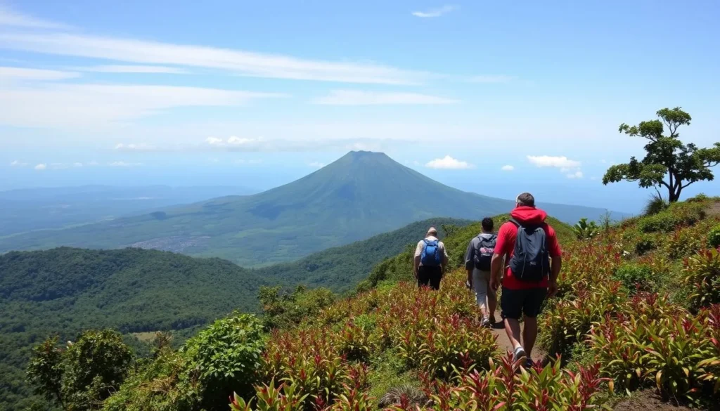 An image of hikers ascending Mount Cameroon, with lush vegetation and a glimpse of the summit in the background.