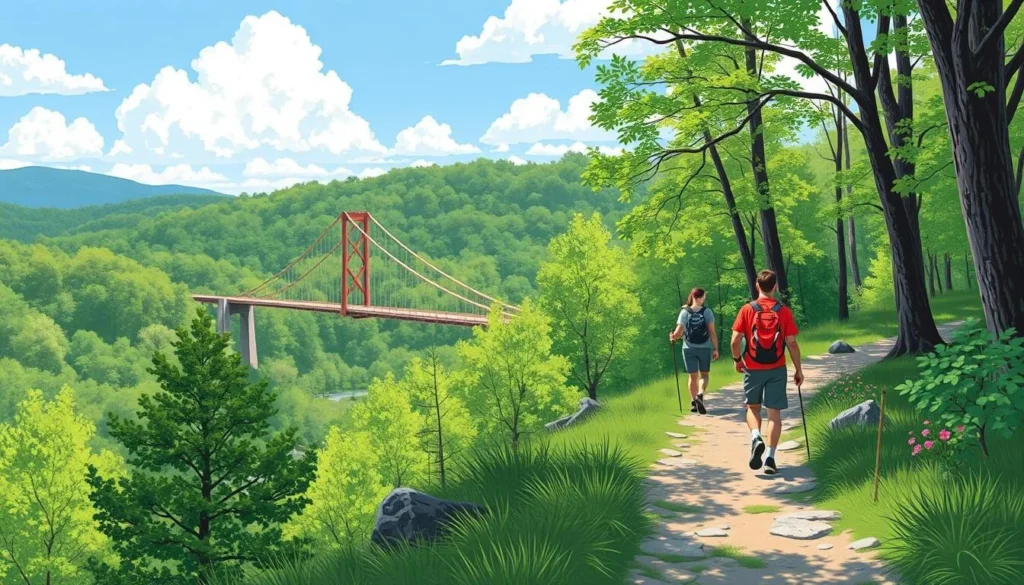 An image of hikers on a trail in Patapsco Valley State Park, with the Swinging Bridge in the background.