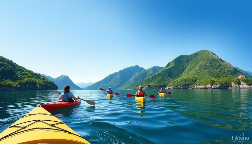 An image of kayakers paddling in Queen Charlotte Sound
