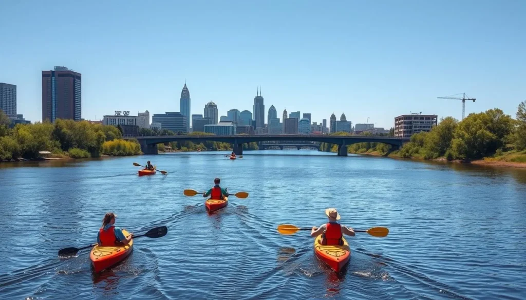 An image of kayakers paddling on the Cumberland River with Nashville's skyline in the background. An image of kayakers paddling on the Cumberland River with Nashville's skyline in the background.