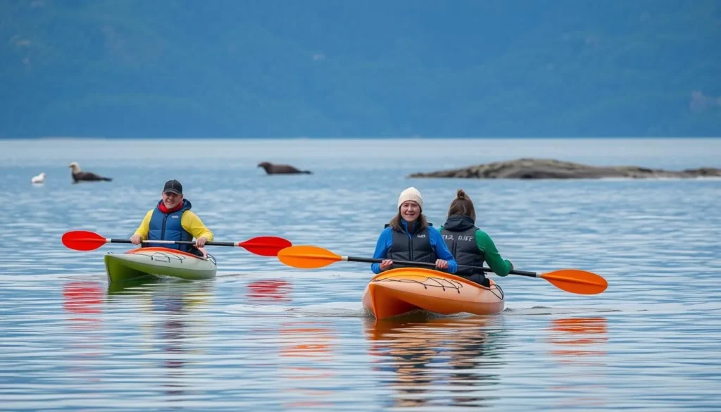 An image of kayakers paddling through calm waters in Ketchikan with wildlife in the background.