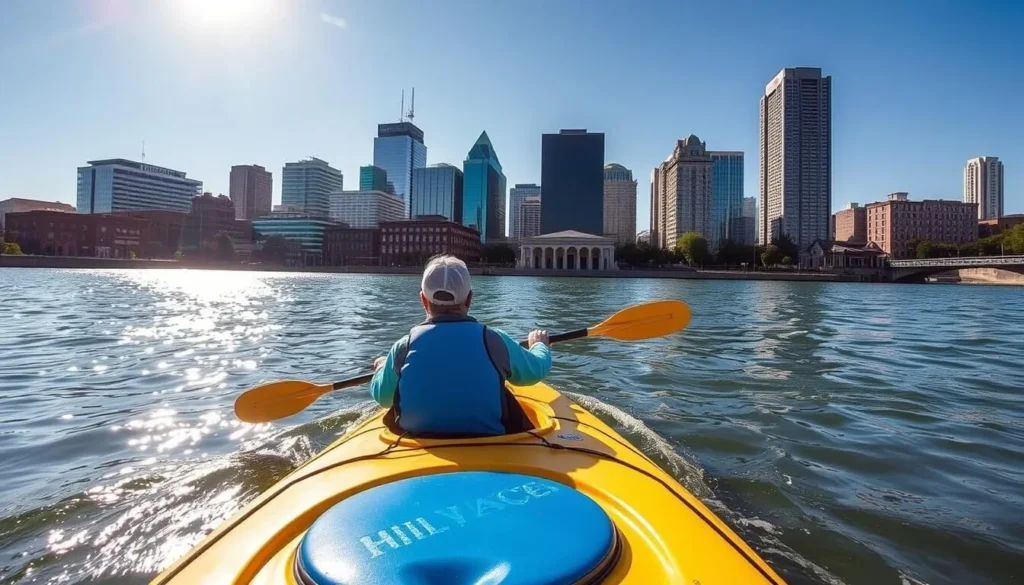 An image of kayaking down the Milwaukee River with the city skyline in the background