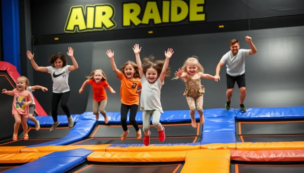 An image of kids and adults having fun at Air Raid Trampoline Park, bouncing on trampolines.
