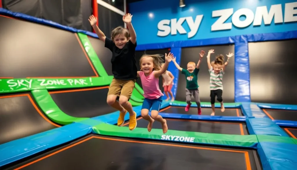 An image of kids jumping on trampolines at Sky Zone Trampoline Park in Fishers, Indiana.