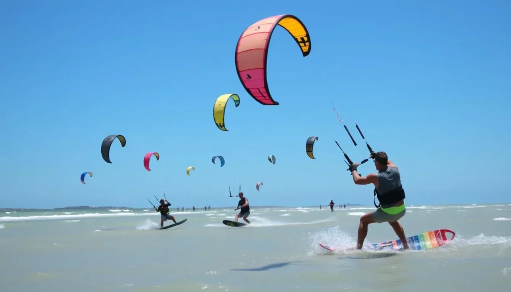 An image of kiteboarders at Long Bay Beach with kites flying high.