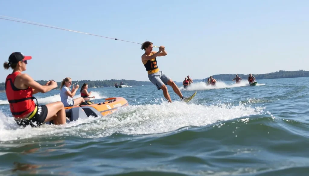An image of people enjoying water sports on Kentucky Lake, with a water skier in action.