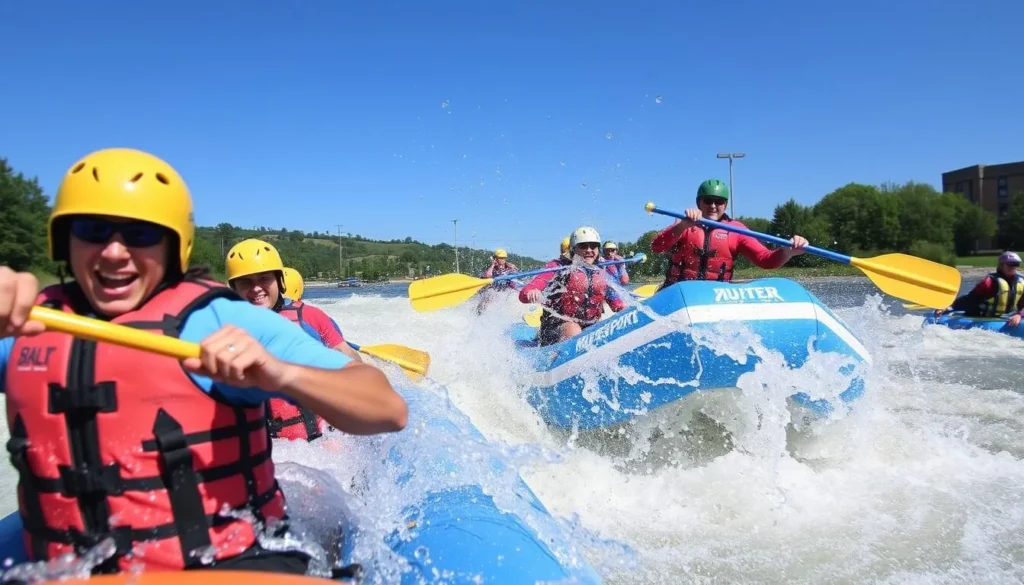 An image of people enjoying whitewater rafting at RIVERSPORT Adventures, highlighting the excitement and thrill of the activity.